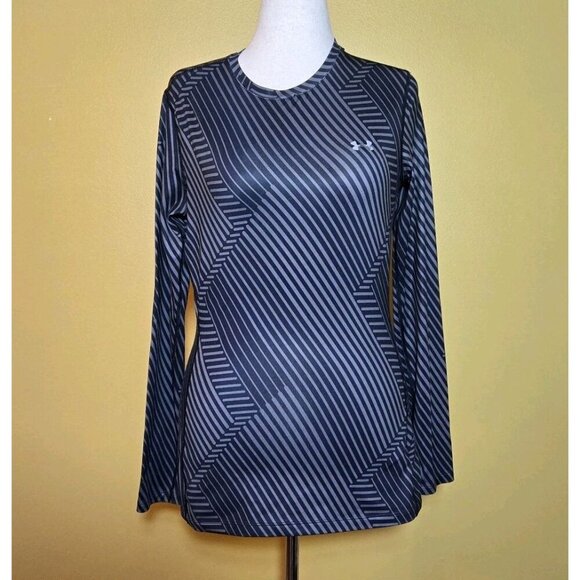 Under Armour Womens Cold Gear Long Sleeve Fitted Shirt Large Stripes Black Gray - Picture 1 of 10